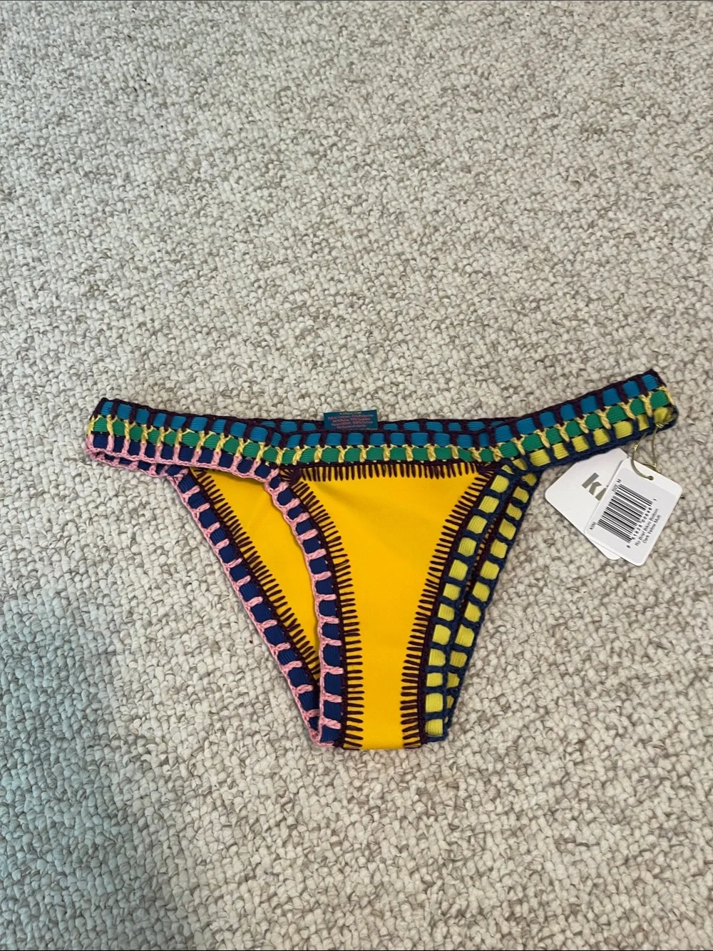 NWT KIINI Ro Yellow Bikini Bottom with Multicolor Crochet Trim MEDIUM